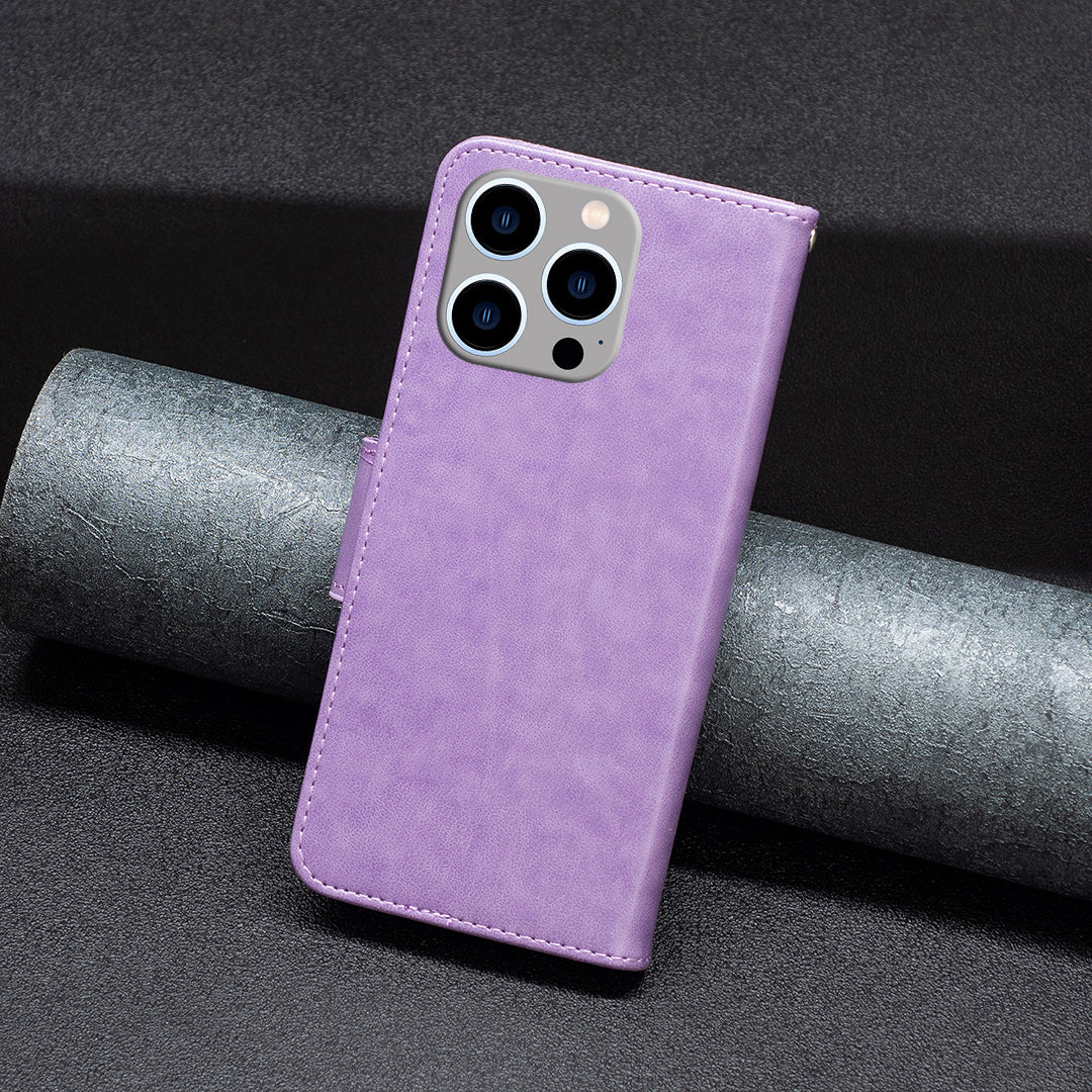 Uniqkart for iPhone 15 Pro Max Flip Case Butterfly Imprinted Leather Anti-Dust Stand Wallet Phone Cover with Strap - Purple Uniqkart for iPhone 15 Pro Max Flip Case Butterfly Imprinted Leather Anti-Dust Stand Wallet Phone Cover with Strap - Purple